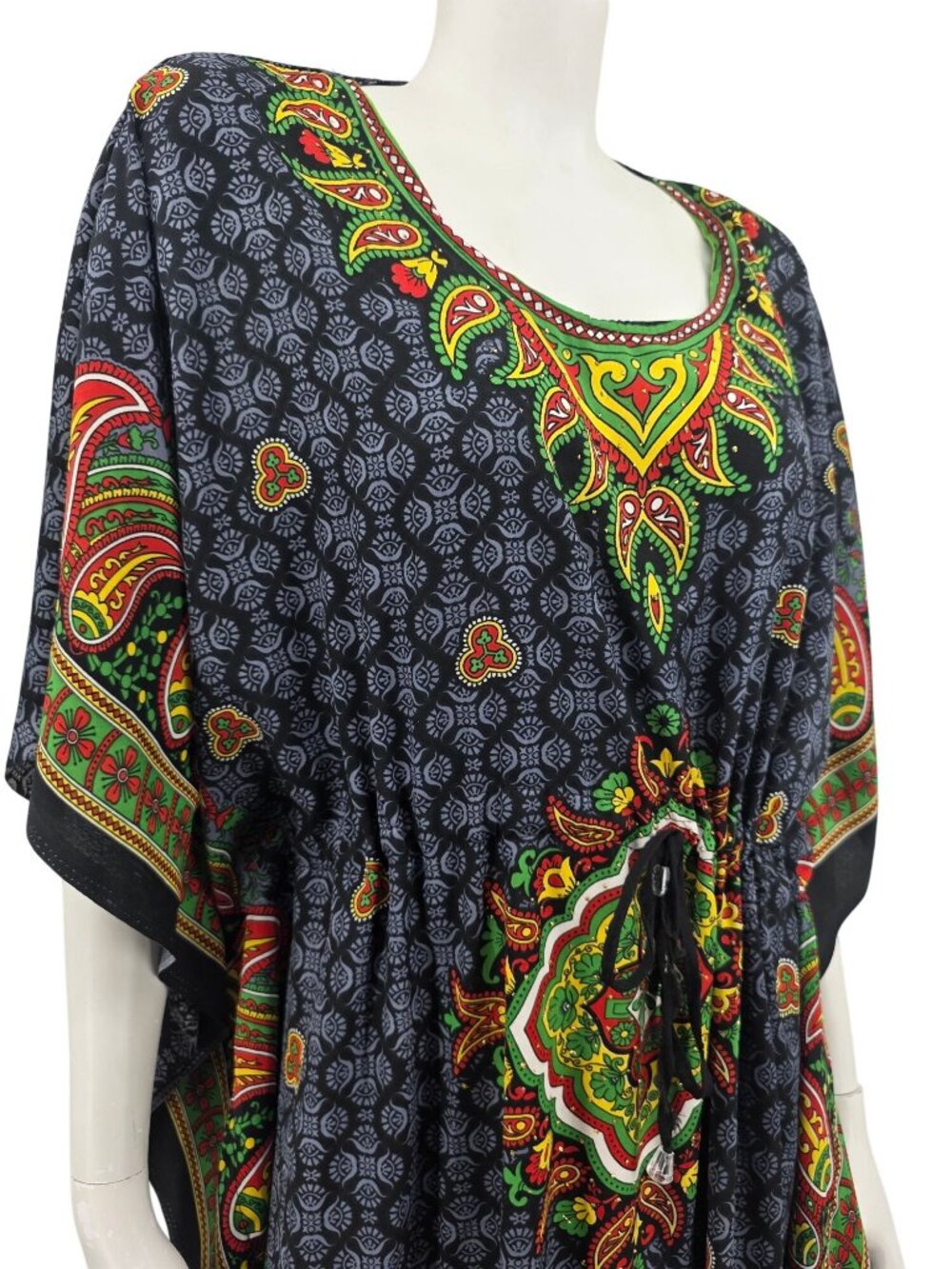 African Print Long Kaftan Dress With Adjustable Waist Drawstring OS